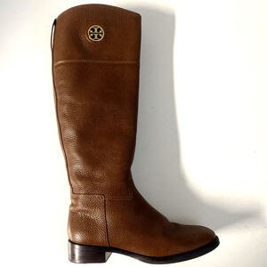 Tory Burch Junction Riding Boots Almond Brown Tall Leather Logo Round To…